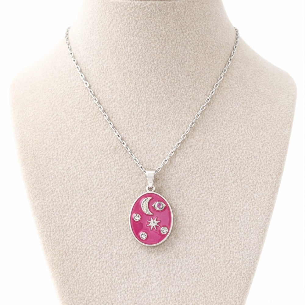 Pink Enamel Celestial Pendant Necklace Silver Moon Star Crystal